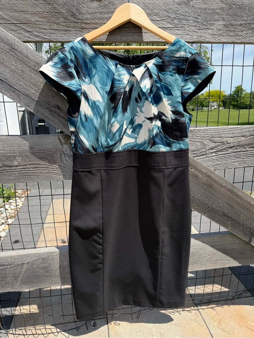 Ann Taylor Teal Floral-Print Bodice Black Sheath Dress